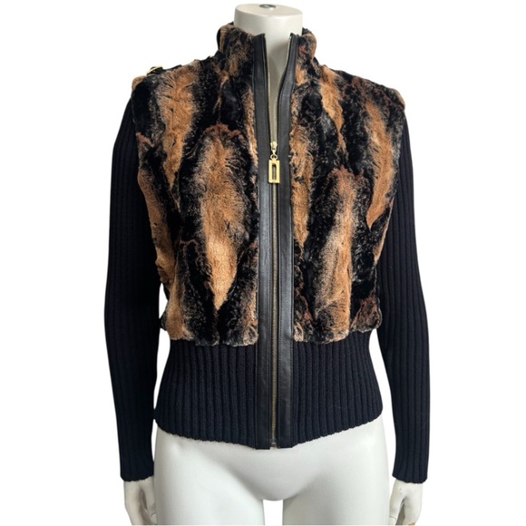 ST. JOHN Leather Trimmed Faux Fur Luxury Knit Jacket Black Tan Size Small - Picture 2 of 15